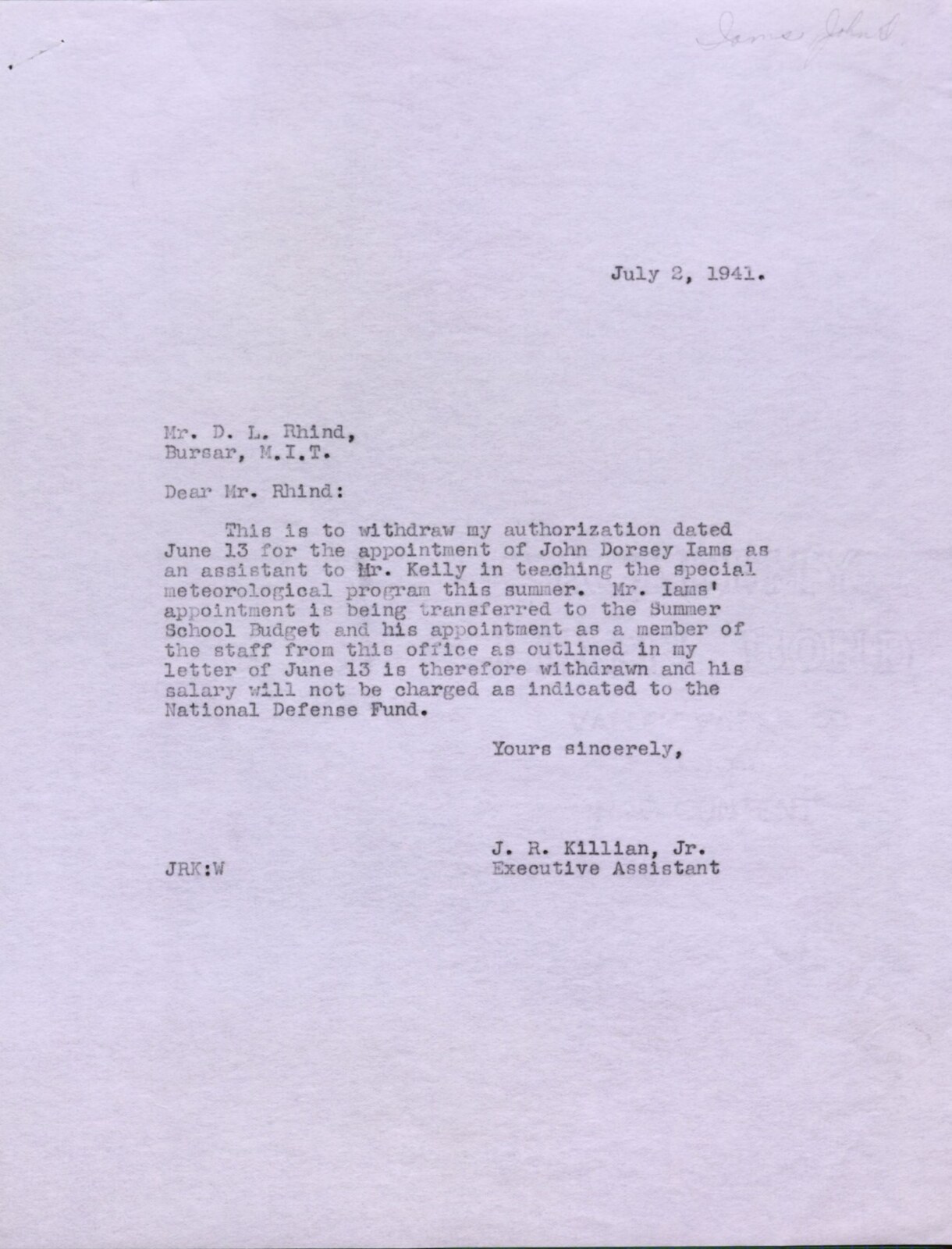 President J. R. Killian Jr.'s letter of 2 July 1941 confirming Iams's appointment as assistant in MIT's wartime Special Meteorological Program. Undergraduates were rarely given instructional appointments.