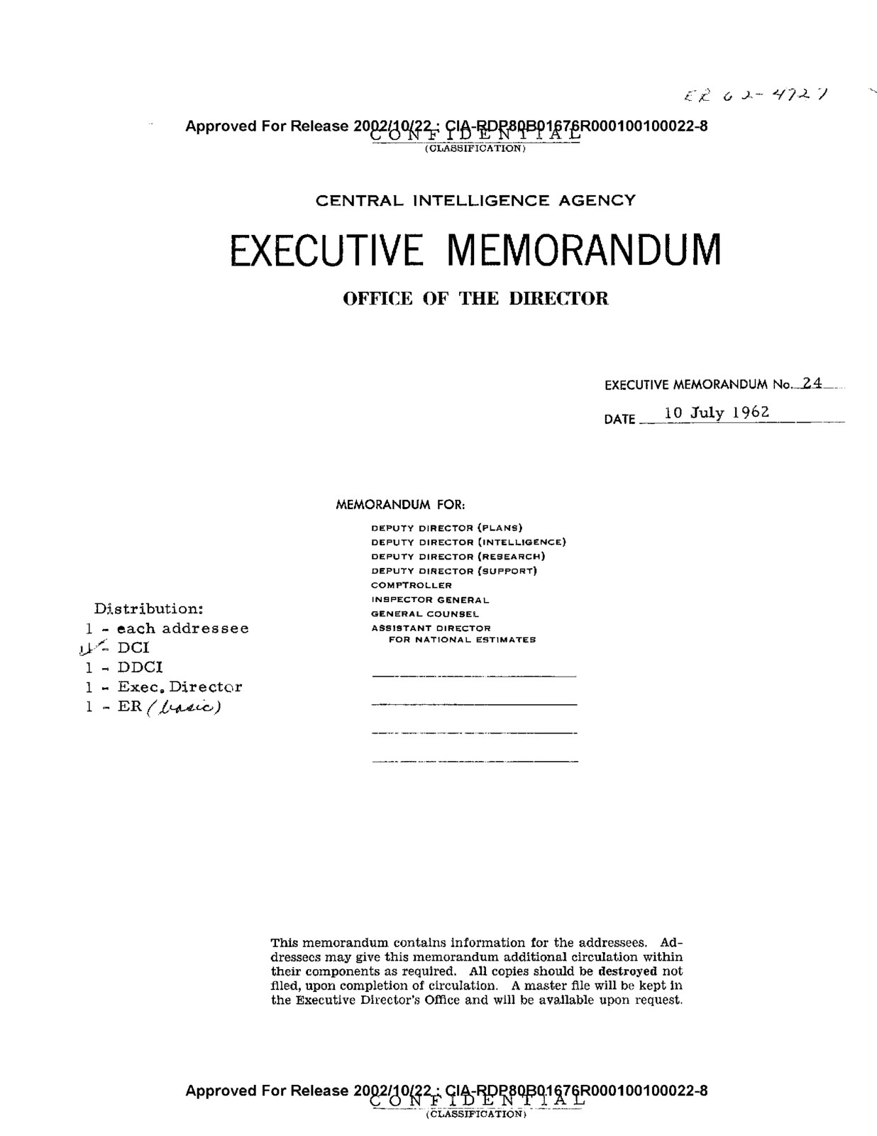 First page of Iams's 10 July 1962 memorandum to Director of Central Intelligence John A. McCone, concerning 'Implementation of New Policy Regarding Public Release of Technical Surveillance Counter Measures.' Declassified.